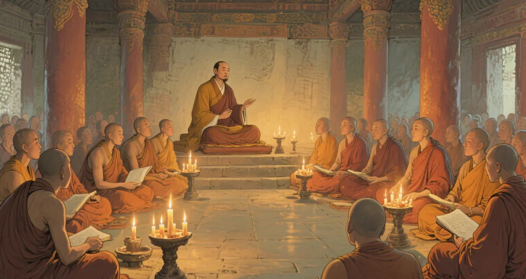 Xuanzang Preaching Buddhist Scriptures in Ancient Temple - Story of Tang Dynasty Monk's Religious Teaching & Cultural Heritage Xuanzang Preaching Buddhist Scriptures in Ancient Temple - Story of Tang Dynasty Monk's Religious Teaching & Cultural Heritage