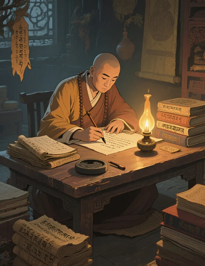Xuanzang Translating Buddhist Scriptures at Night, Surrounded by Ancient Texts and a Lamp, Representing His Dedication to Cultural Transmission Xuanzang Translating Buddhist Scriptures at Night, Surrounded by Ancient Texts and a Lamp, Representing His Dedication to Cultural Transmission