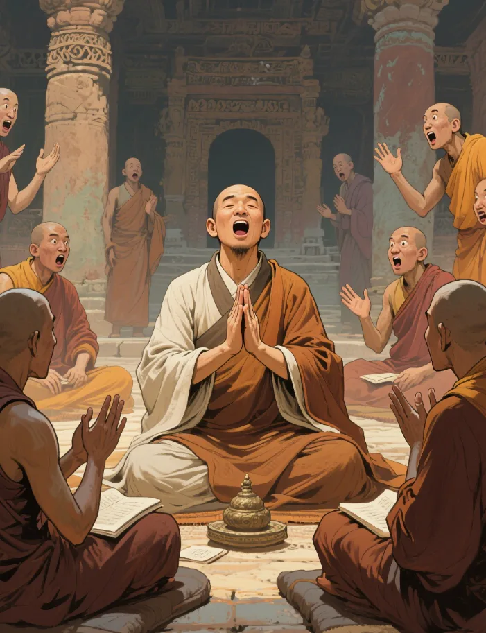 Xuanzang's Captivating Preaching Scene: Monks' Surprised Reactions Highlight the Impact of Tang Dynasty Buddhist Wisdom Dramatic Moment: Xuanzang's Passionate Sermon Elicits Astonishment Among Monks - Unveiling the Spiritual Power of Ancient Buddhist Discourse