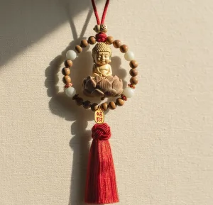 Exquisite Buddhist - themed Auto Decoration: Mini Buddha on Lotus, Wealth - Drawing Pendant for Car Interior Buddhist Car Hanging Ornament: Cute Buddha Statue with "Zhao Cai" (Attract Wealth) Charm, Beads & Red Tassel