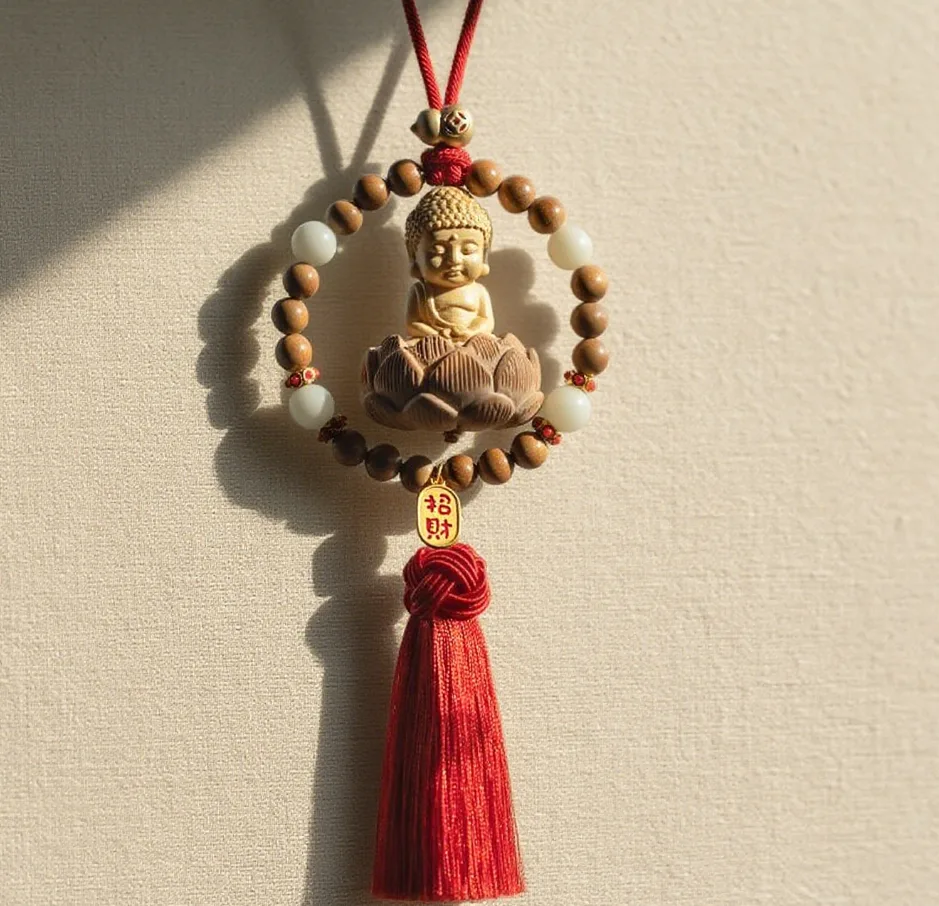 Buddhist Car Hanging Ornament: Cute Buddha Statue with "Zhao Cai" (Attract Wealth) Charm, Beads & Red Tassel