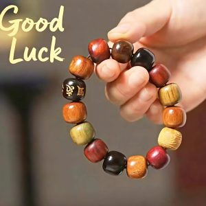 Colorful Wooden Bead Bracelet with "Good Luck" Wish, Featuring Diverse Wood Textures and Carvings, Perfect for Jewelry Lovers