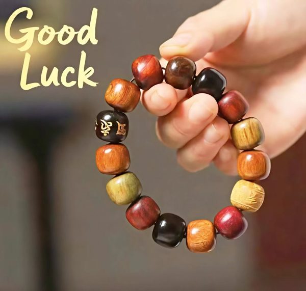 Colorful Wooden Bead Bracelet with "Good Luck" Wish, Featuring Diverse Wood Textures and Carvings, Perfect for Jewelry Lovers